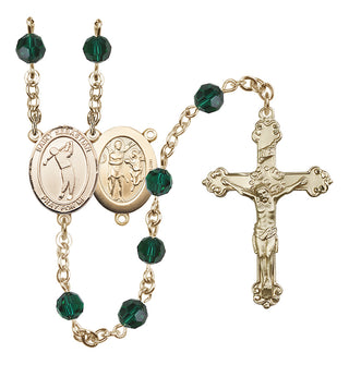 14 Karat Gold 6mm Austrian Crystal Saint Sebastian/Golf Rosary in Emerald
