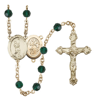 14 Karat Gold 6mm Austrian Crystal Saint Sebastian/Lacrosse Rosary in Emerald