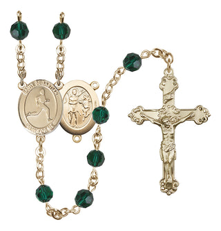 14 Karat Gold 6mm Austrian Crystal Saint Sebastian/Track & Field Rosary in Emerald