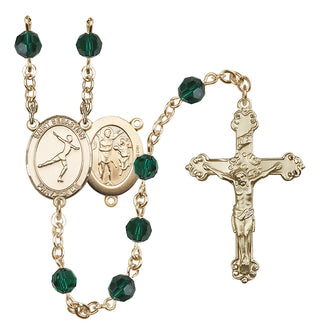 14 Karat Gold 6mm Austrian Crystal Saint Sebastian/Figure Skating Rosary in Emerald