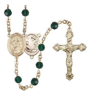 14 Karat Gold 6mm Austrian Crystal Saint Cecilia / Marching Band Rosary in Emerald