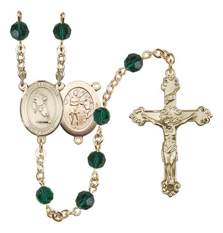 14 Karat Gold 6mm Austrian Crystal Saint Sebastian / Rugby Rosary in Emerald