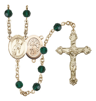 14 Karat Gold 6mm Austrian Crystal Saint Sebastian / Rodeo Rosary in Emerald