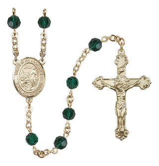 14 Karat Gold 6mm Austrian Crystal Virgen del Lourdes Rosary in Emerald