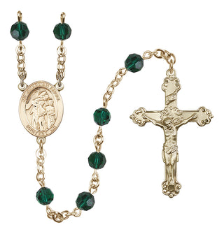 14 Karat Gold 6mm Austrian Crystal Guardian Angel w/Children Rosary in Emerald