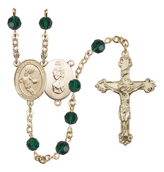 14 Karat Gold 6mm Austrian Crystal Saint Christopher/Basketball Rosary in Emerald
