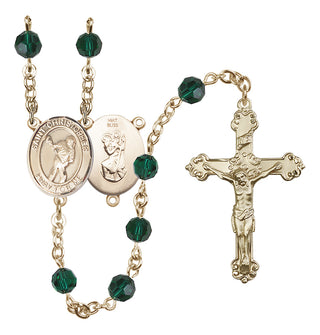 14 Karat Gold 6mm Austrian Crystal Saint Christopher/Lacrosse Rosary in Emerald