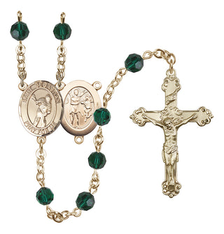 14 Karat Gold 6mm Austrian Crystal Saint Sebastian/Lacrosse Rosary in Emerald