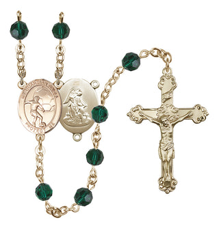 14 Karat Gold 6mm Austrian Crystal Guardian Angel/Soccer Rosary in Emerald