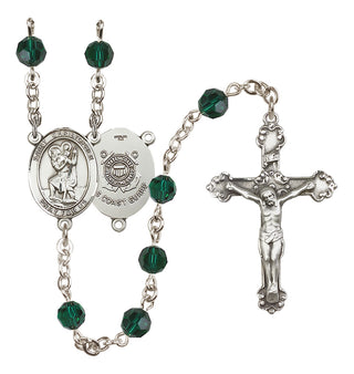 Sterling Silver 6mm Austrian Crystal Saint Christopher / Coast Guard Rosary in Emerald