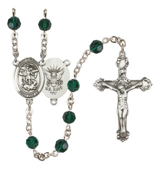 Sterling Silver 6mm Austrian Crystal Saint Michael / Navy Rosary in Emerald