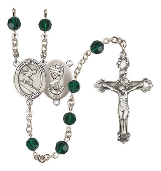 Sterling Silver 6mm Austrian Crystal Saint Christopher/Surfing Rosary in Emerald