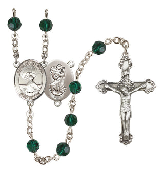 Sterling Silver 6mm Austrian Crystal Saint Christopher/Water Polo Women Rosary in Emerald