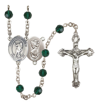 Sterling Silver 6mm Austrian Crystal Saint Christopher/Lacrosse Rosary in Emerald