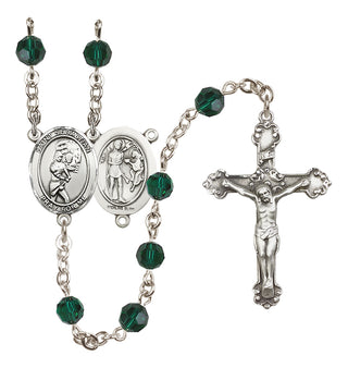 Sterling Silver 6mm Austrian Crystal Saint Sebastian/Softball Rosary in Emerald
