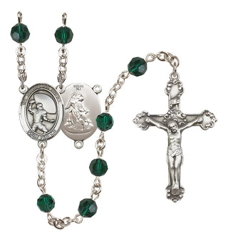 Sterling Silver 6mm Austrian Crystal Guardian Angel/Football Rosary in Emerald