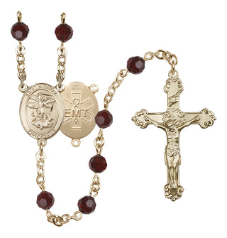 14 Karat Gold 6mm Austrian Crystal Saint Michael / EMT Rosary in Garnet