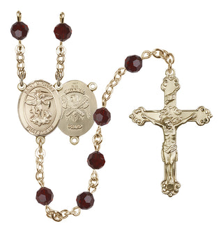 14 Karat Gold 6mm Austrian Crystal Saint Michael / Nat'l Guard Rosary in Garnet