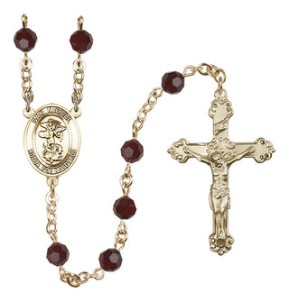 14 Karat Gold 6mm Austrian Crystal San Miguel Arcangel Rosary in Garnet