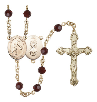 14 Karat Gold 6mm Austrian Crystal Saint Christopher/Basketball Rosary in Garnet
