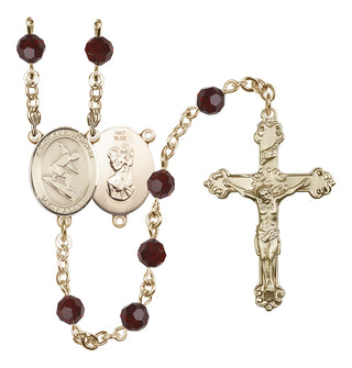 14 Karat Gold 6mm Austrian Crystal Saint Christopher/Surfing Rosary in Garnet