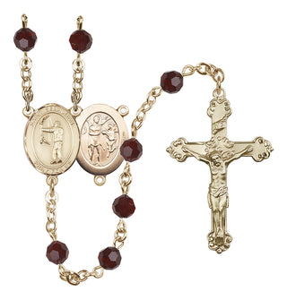 14 Karat Gold 6mm Austrian Crystal Saint Sebastian / Archery Rosary in Garnet