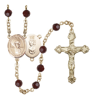 14 Karat Gold 6mm Austrian Crystal Saint Christopher/Water Polo Men Rosary in Garnet