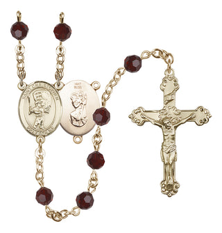 14 Karat Gold 6mm Austrian Crystal Saint Christopher/Baseball Rosary in Garnet