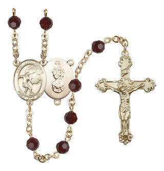 14 Karat Gold 6mm Austrian Crystal Saint Christopher/Soccer Rosary in Garnet
