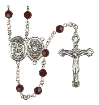 Sterling Silver 6mm Austrian Crystal Saint Michael the Archangel/Policeman Rosary in Garnet