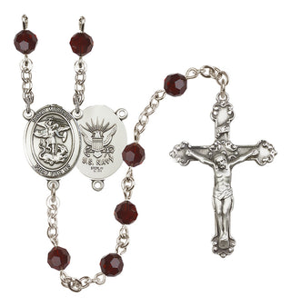 Sterling Silver 6mm Austrian Crystal Saint Michael / Navy Rosary in Garnet