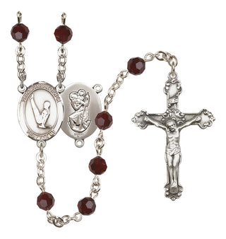 Sterling Silver 6mm Austrian Crystal Saint Christopher/Gymnastics Rosary in Garnet