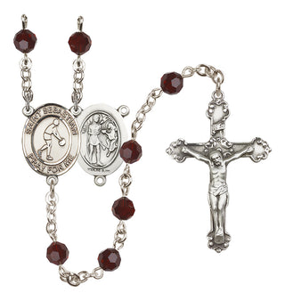 Sterling Silver 6mm Austrian Crystal Saint Sebastian/Basketball Rosary in Garnet