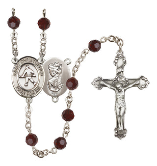 Sterling Silver 6mm Austrian Crystal Saint Christopher / Field Hockey Rosary in Garnet