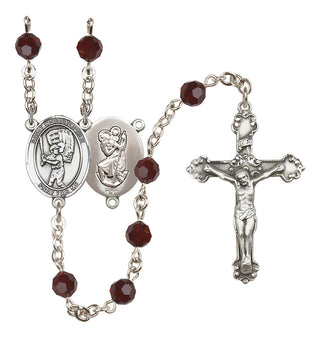 Sterling Silver 6mm Austrian Crystal Saint Christopher/Baseball Rosary in Garnet