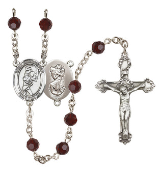 Sterling Silver 6mm Austrian Crystal Saint Christopher/Softball Rosary in Garnet
