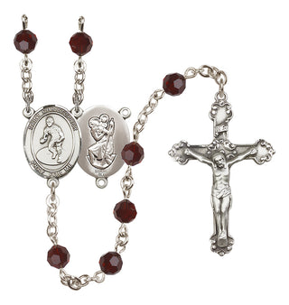 Sterling Silver 6mm Austrian Crystal Saint Christopher/Wrestling Rosary in Garnet