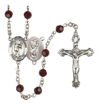 Sterling Silver 6mm Austrian Crystal Saint Christopher/Basketball-Women Rosary in Garnet