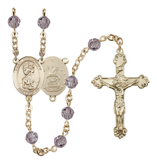 14 Karat Gold-Filled 6mm Austrian Crystal Saint Christopher / Air Force Rosary in Light Amethyst