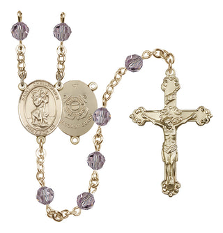 14 Karat Gold-Filled 6mm Austrian Crystal Saint Christopher / Coast Guard Rosary in Light Amethyst