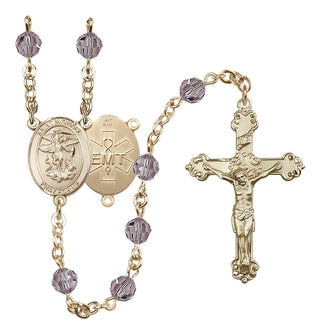 14 Karat Gold 6mm Austrian Crystal Saint Michael / EMT Rosary in Light Amethyst