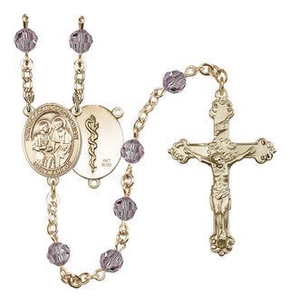 14 Karat Gold 6mm Austrian Crystal Saints Cosmas & Damian / Doctors Rosary in Light Amethyst