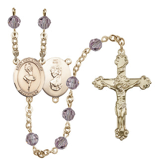14 Karat Gold 6mm Austrian Crystal Saint Christopher/Dance Rosary in Light Amethyst