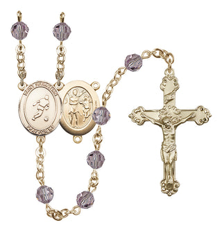 14 Karat Gold 6mm Austrian Crystal Saint Sebastian/Soccer Rosary in Light Amethyst