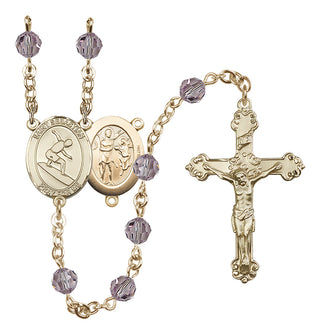 14 Karat Gold 6mm Austrian Crystal Saint Sebastian/Surfing Rosary in Light Amethyst