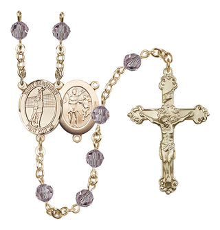 14 Karat Gold 6mm Austrian Crystal Saint Sebastian / Volleyball Rosary in Light Amethyst