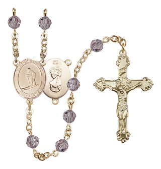 14 Karat Gold 6mm Austrian Crystal Saint Christopher / Skiing Rosary in Light Amethyst
