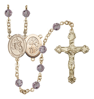 14 Karat Gold 6mm Austrian Crystal Saint Sebastian / Motorcycle Rosary in Light Amethyst