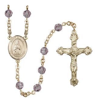 14 Karat Gold 6mm Austrian Crystal Our Lady Rosa Mystica Rosary in Light Amethyst