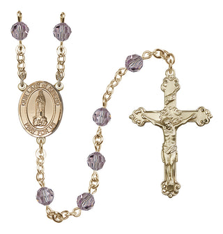 14 Karat Gold 6mm Austrian Crystal Our Lady of Kibeho Rosary in Light Amethyst